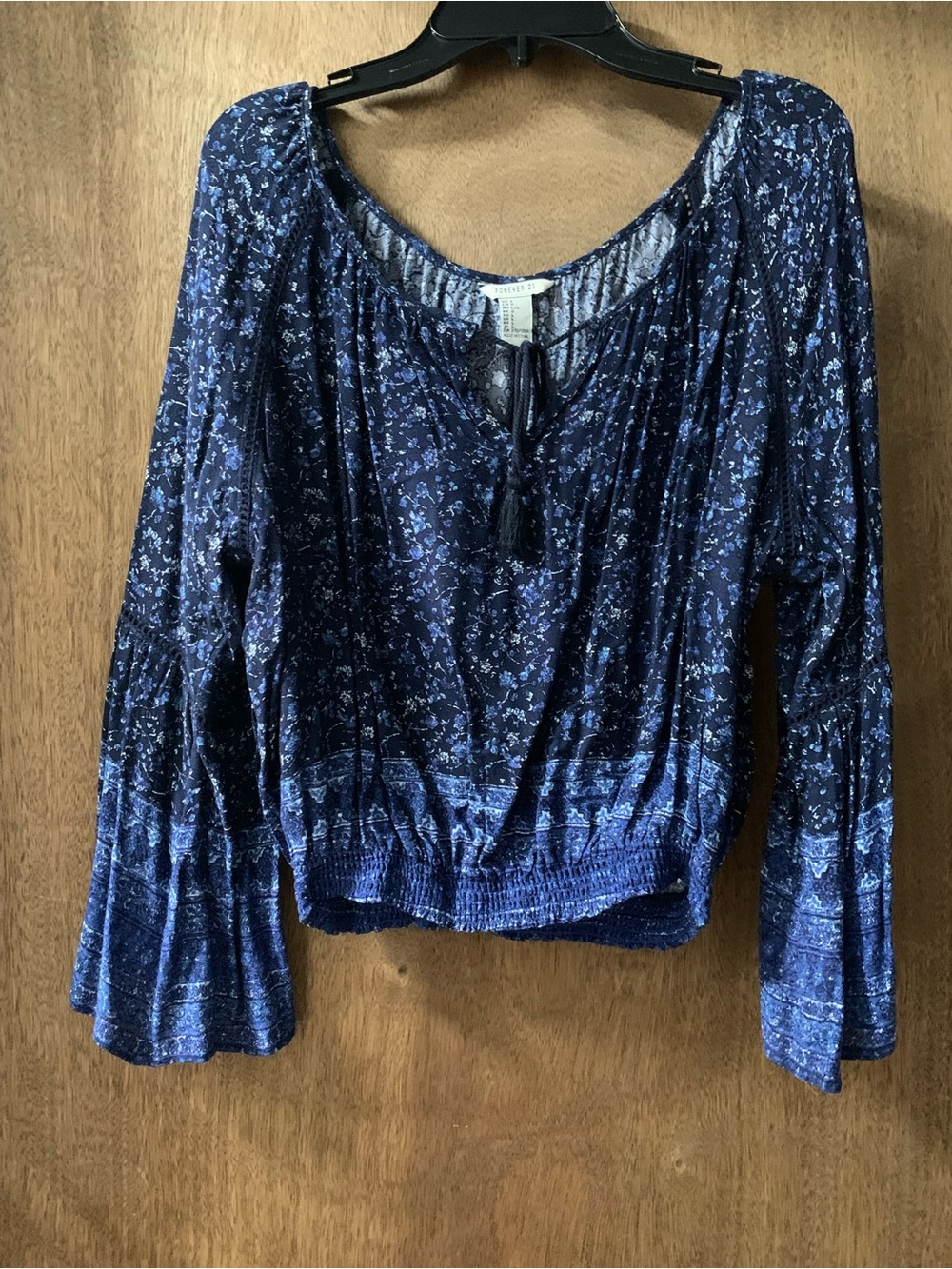 Forever 21 Navy Blue Floral Tie-Neck Boho Peasant Blouse with Smocked Waistband